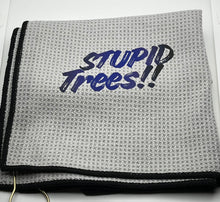 Load image into Gallery viewer, 16x26 “ProTowels” Microfiber Waffle Disc Golf/Golf Towel with Corner Grommet and Hook - “Stupid Trees!! - Blue”
